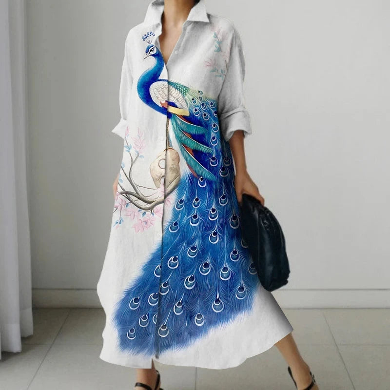2023 New Women's Shirt Over Knee Gown Peacock Print Slim Fit Comfortable High Quality Fabric Fashion Casual Dress