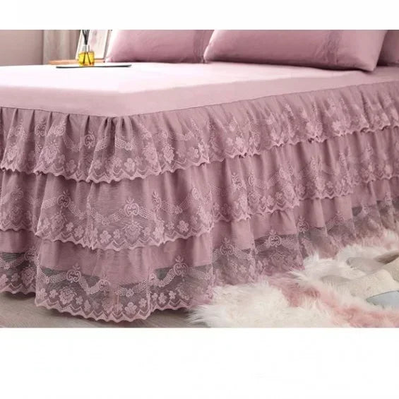 3 Pcs Layer Solid Color Lace Bed Skirt Set Simple Bean Paste Color Bedroom Dust Proof Bedspread Comfortable Bedding for Gifts