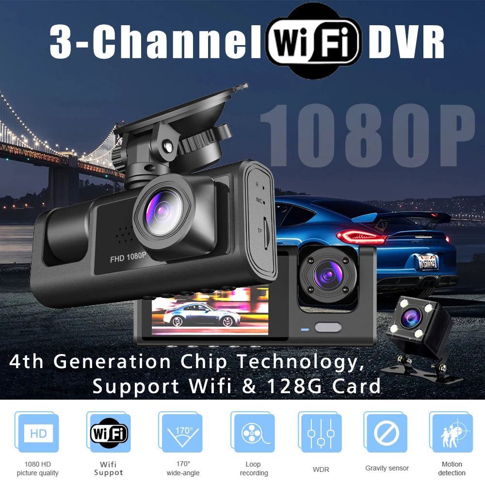 WiFi 3 canais carro DVR três vias traço cam dentro do veículo câmera DVRs gravador FHD 1080P vídeo mini registrador traço camcorder