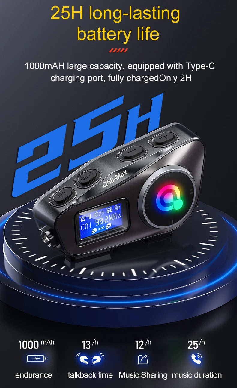 Q58 Max Motorcycle Helmet Bluetooth Intercom IP65 Waterproof Intercom Distance 500 Meters Multi-Scene Mixed Music Sharing