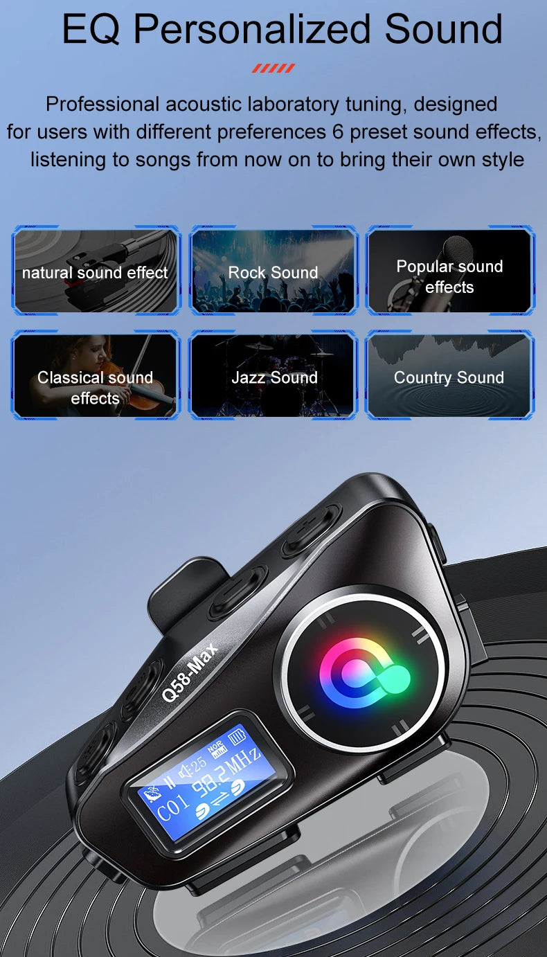 Q58 Max Motorcycle Helmet Bluetooth Intercom IP65 Waterproof Intercom Distance 500 Meters Multi-Scene Mixed Music Sharing