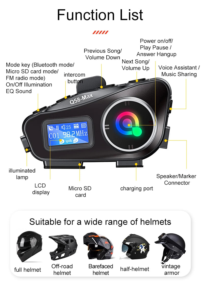 Q58 Max Motorcycle Helmet Bluetooth Intercom IP65 Waterproof Intercom Distance 500 Meters Multi-Scene Mixed Music Sharing