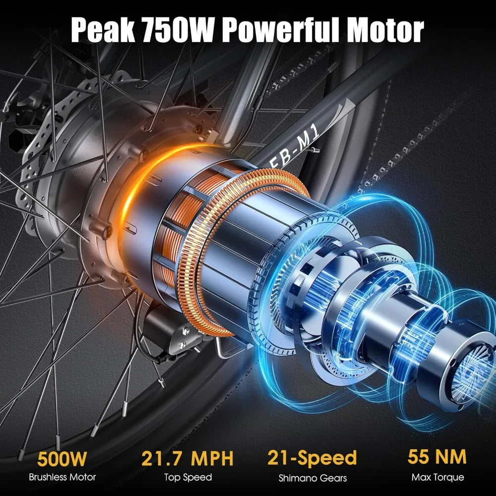 Electric Bike for Adults, Peak 750W Ebike, 50Miles 21.7MPH Adult Electric Bicycles, 26" Electric Mountain Bike, Commuter E Bike