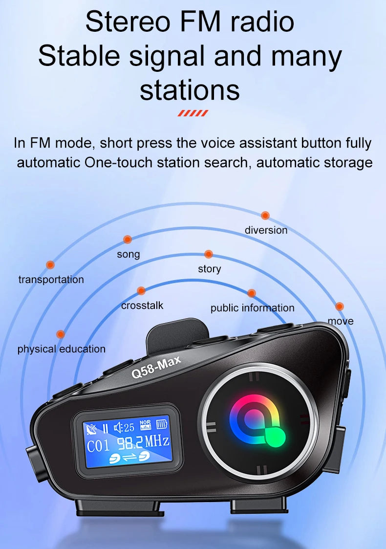 Q58 Max Motorcycle Helmet Bluetooth Intercom IP65 Waterproof Intercom Distance 500 Meters Multi-Scene Mixed Music Sharing