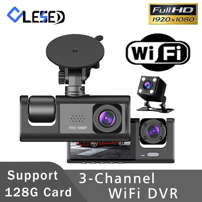 WiFi 3 canais carro DVR três vias traço cam dentro do veículo câmera DVRs gravador FHD 1080P vídeo mini registrador traço camcorder