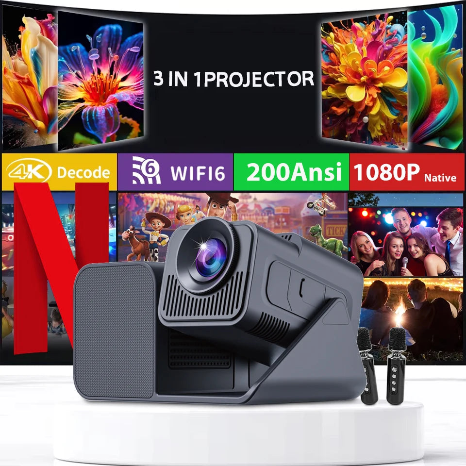 Newly Native 1080P Android 11 4K Projector 200ANSI Wifi6 BT5.0 Karaok Sound For Cinema Outdoor Portable 180° Rotable Projector