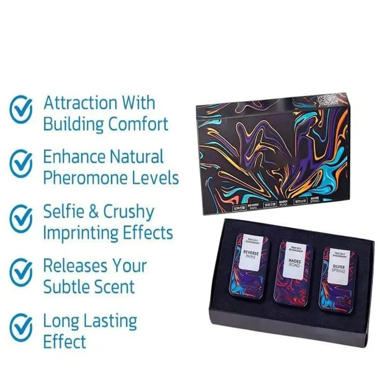 Conjunto de perfume sólido Perfume portátil de longa duração Unissex Feromônio Feromone Conjunto de perfume sólido Colônia para homens Atrai mulheres 3 peças/conjunto