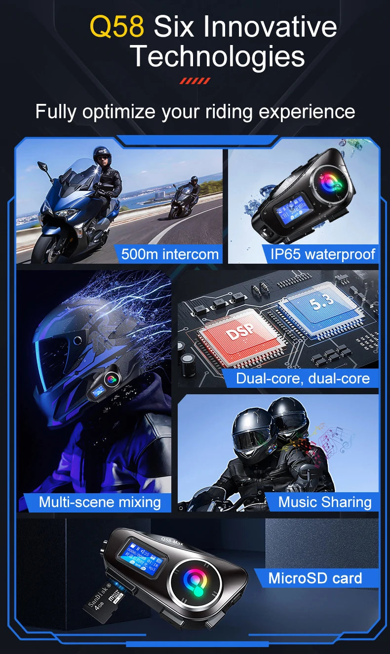Q58 Max Motorcycle Helmet Bluetooth Intercom IP65 Waterproof Intercom Distance 500 Meters Multi-Scene Mixed Music Sharing