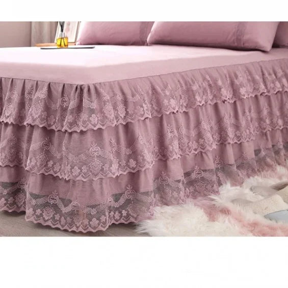 3 Pcs Layer Solid Color Lace Bed Skirt Set Simple Bean Paste Color Bedroom Dust Proof Bedspread Comfortable Bedding for Gifts