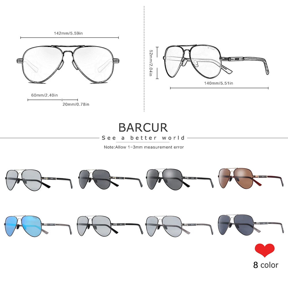 BARCUR Polarized Mens Sunglasses Pilot Sun Glasses para homens acessórios Driving Fishing Hiking Eyewear Oculos Gafas De Sol