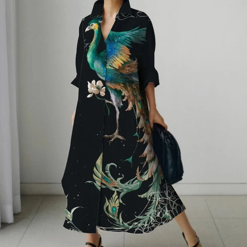 2023 New Women's Shirt Over Knee Gown Peacock Print Slim Fit Comfortable High Quality Fabric Fashion Casual Dress