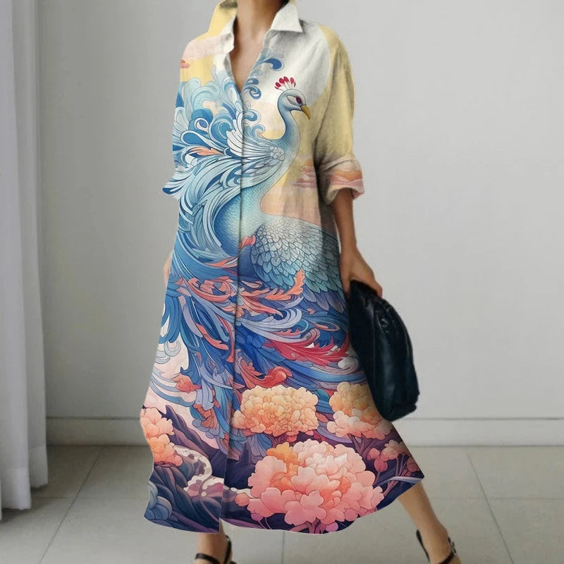 2023 New Women's Shirt Over Knee Gown Peacock Print Slim Fit Comfortable High Quality Fabric Fashion Casual Dress