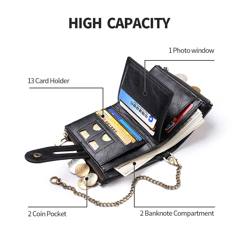 New Men Wallets PU Leather Short Card Holder Chain Luxury Brand Men's Purse High Quality Classic Retro Male Wallet