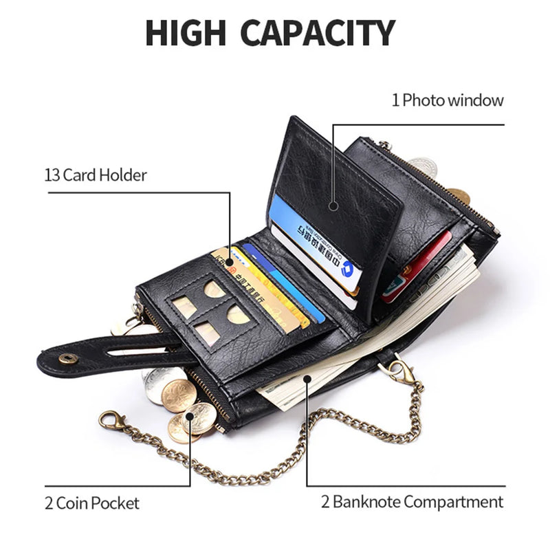 New Men Wallets PU Leather Short Card Holder Chain Luxury Brand Men's Purse High Quality Classic Retro Male Wallet