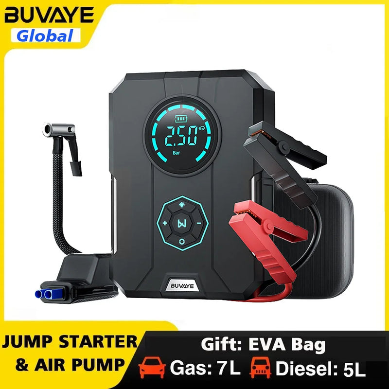 BUVAYE 6 In 1 Car Jump Starter Air Pump Portable Air Compressor Power Bank Cars Battery Starters Starting Auto Tyre Inflator