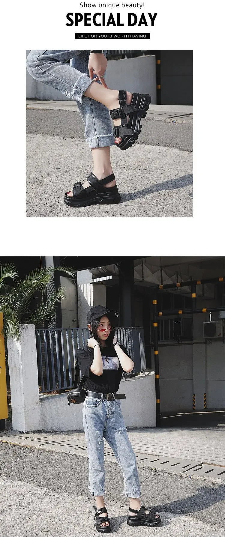 Women's Thick Bottom Sandals Student Summer New Style Harajuku Sports Korean Version Shoes Rubber Upper Material