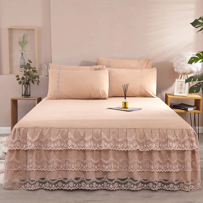 3 Pcs Layer Solid Color Lace Bed Skirt Set Simple Bean Paste Color Bedroom Dust Proof Bedspread Comfortable Bedding for Gifts