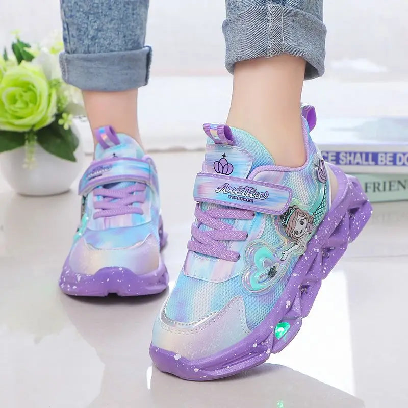 Children's Sports Shoes with Lights Cute Cartoon Mermaid Girls Sneakers Led Luminous Light Running Shoes Leather Toddler Shoes