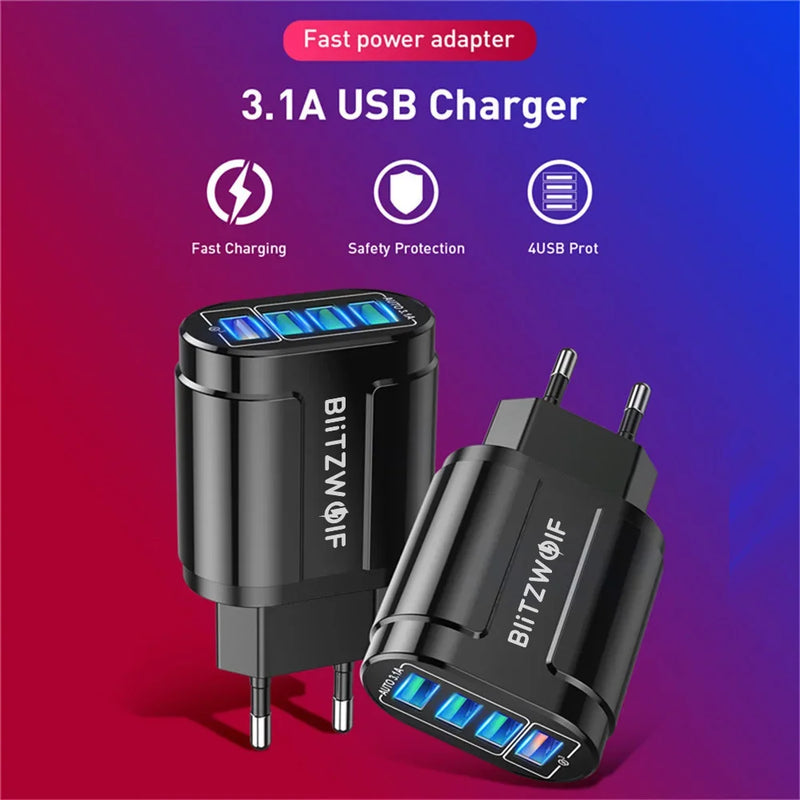 BlitzWolf BK-385 48W 4 USB Ports QC 3.0 Fast Charger Wall Travel Charging EU Plug Adapter For 14 14 Plus 14 Pro for Mobile Phone