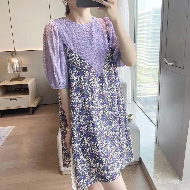 Pregnant Women's Summer Dress Medium Length Loose Fit Large Size Reduced Age Floral Chiffon Splicing Fake Two-piece Trend Skirt