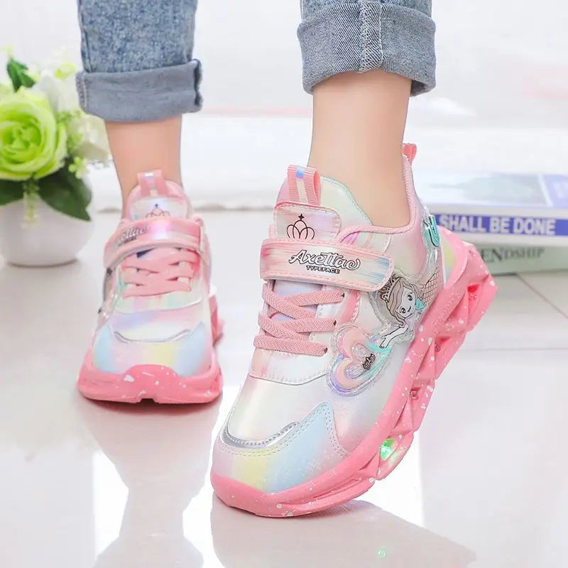 Children's Sports Shoes with Lights Cute Cartoon Mermaid Girls Sneakers Led Luminous Light Running Shoes Leather Toddler Shoes