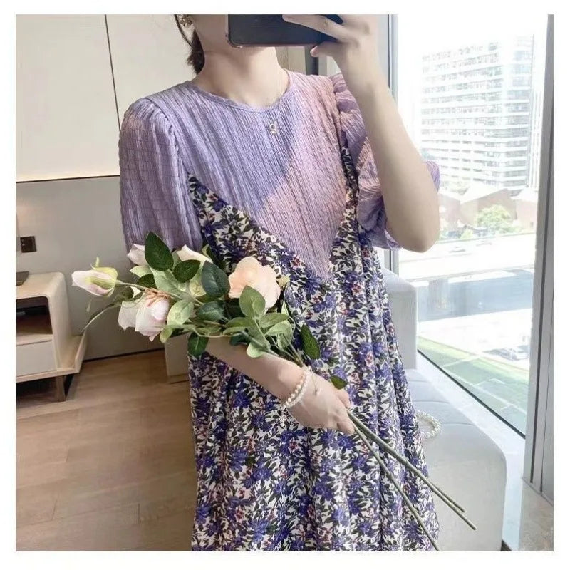 Vestido de verão para mulheres grávidas, comprimento médio, solto, tamanho grande, idade reduzida, floral, chiffon, emenda, saia falsa de duas peças