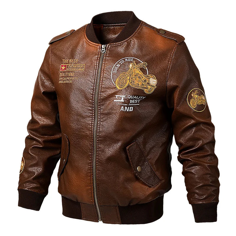 Spring and Autumn Men's Motorcycle Set Leather Jackets Embroidered American Baseball Collar Pilot Casual PU Leather Jackets