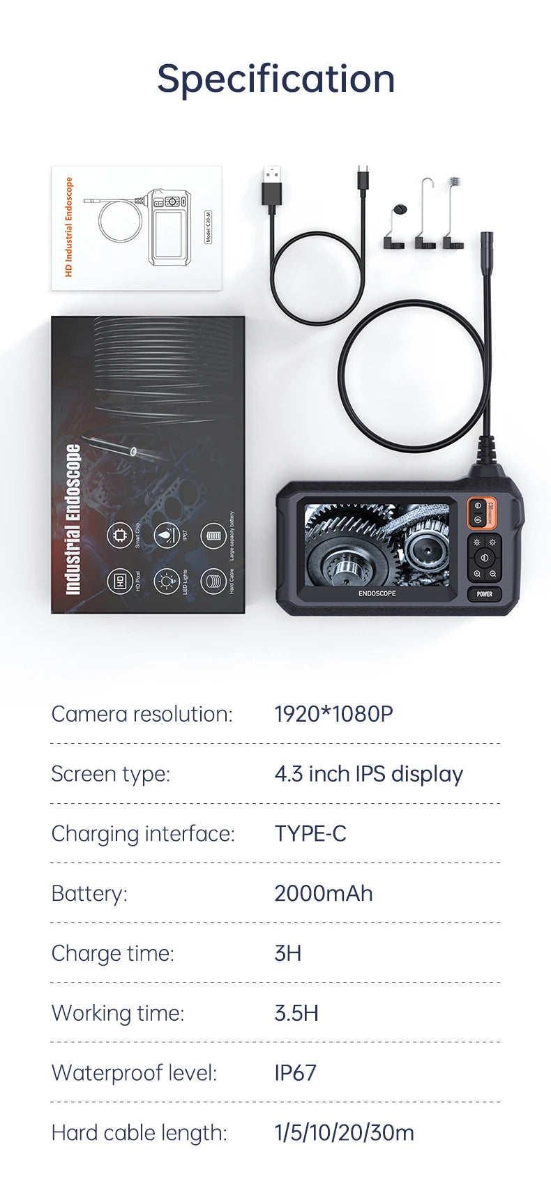 Industrial Endoscope Camera 8mm HD1080P 4.3inch IPS Screen 1080P Pipe Inspection Camera for Car Repair IP67 Waterproof 8 LEDS