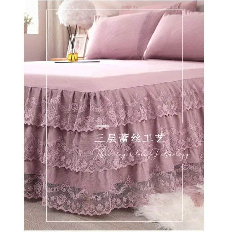 3 Pcs Layer Solid Color Lace Bed Skirt Set Simple Bean Paste Color Bedroom Dust Proof Bedspread Comfortable Bedding for Gifts