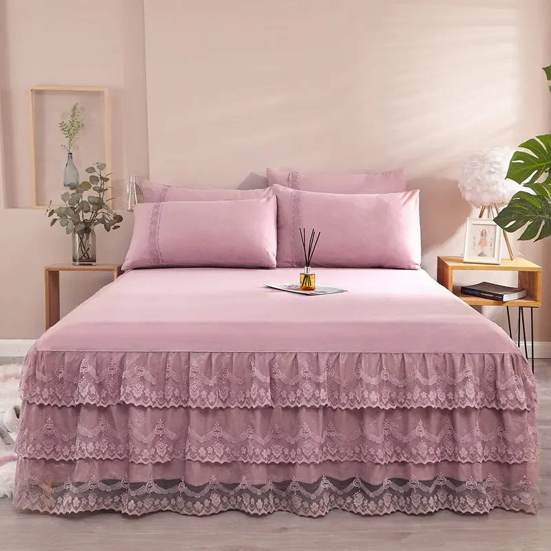 3 Pcs Layer Solid Color Lace Bed Skirt Set Simple Bean Paste Color Bedroom Dust Proof Bedspread Comfortable Bedding for Gifts