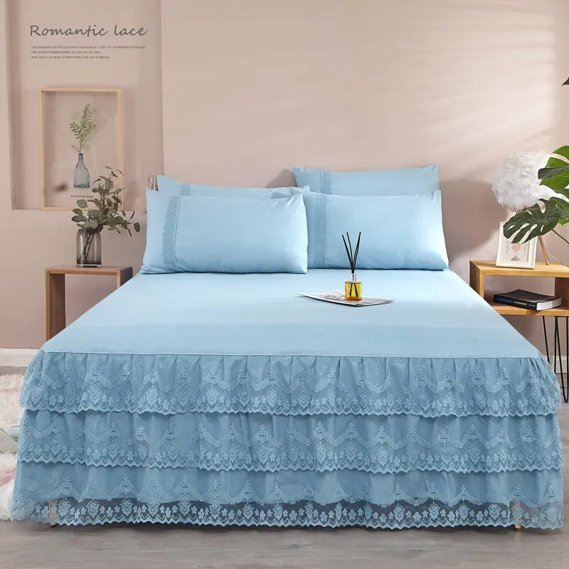 3 Pcs Layer Solid Color Lace Bed Skirt Set Simple Bean Paste Color Bedroom Dust Proof Bedspread Comfortable Bedding for Gifts