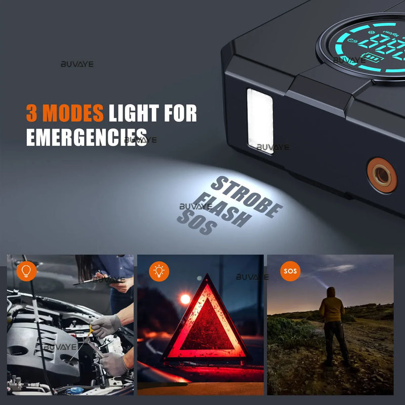 BUVAYE 6 In 1 Car Jump Starter Air Pump Portable Air Compressor Power Bank Cars Battery Starters Starting Auto Tyre Inflator