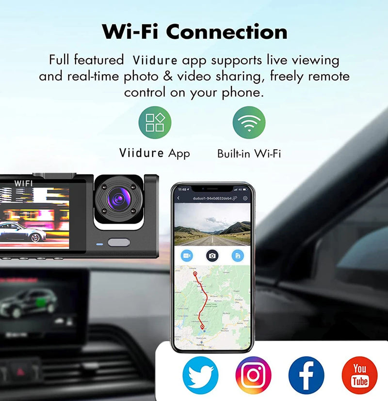 WiFi 3 Channel Car DVR Three Way Dash Cam Inside Vehicle Camera DVRs Recorder FHD 1080P Video Mini Registrator Dashcam Camcorder