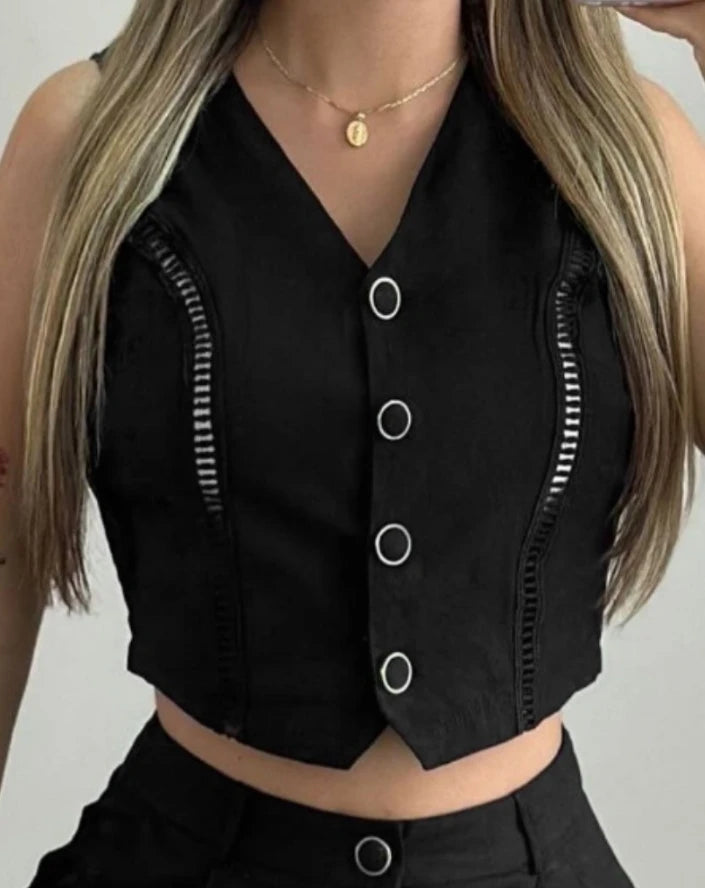 Conjuntos Para Mulheres 2 Peças Conjunto Feminino Duas Peças, Top Com Botões E Shorts, Casual, Sexy, Elegante, Moderno, Verão 2024
