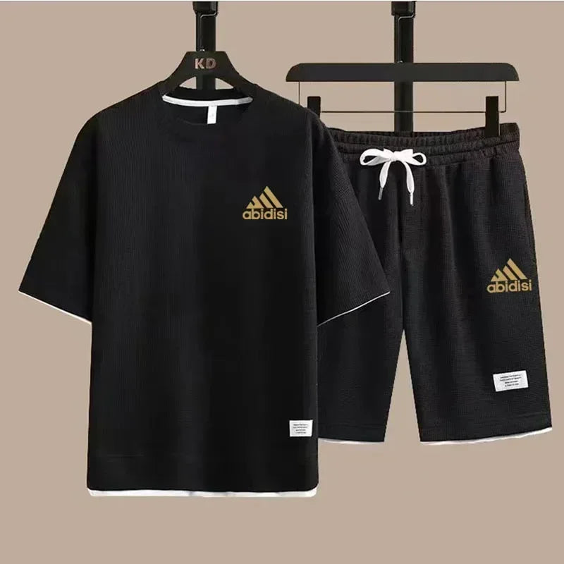 Summer men's clothing Fashion casual street fitness sportwear 2 piece breathable short sleeve T-shirt + jogging shorts set