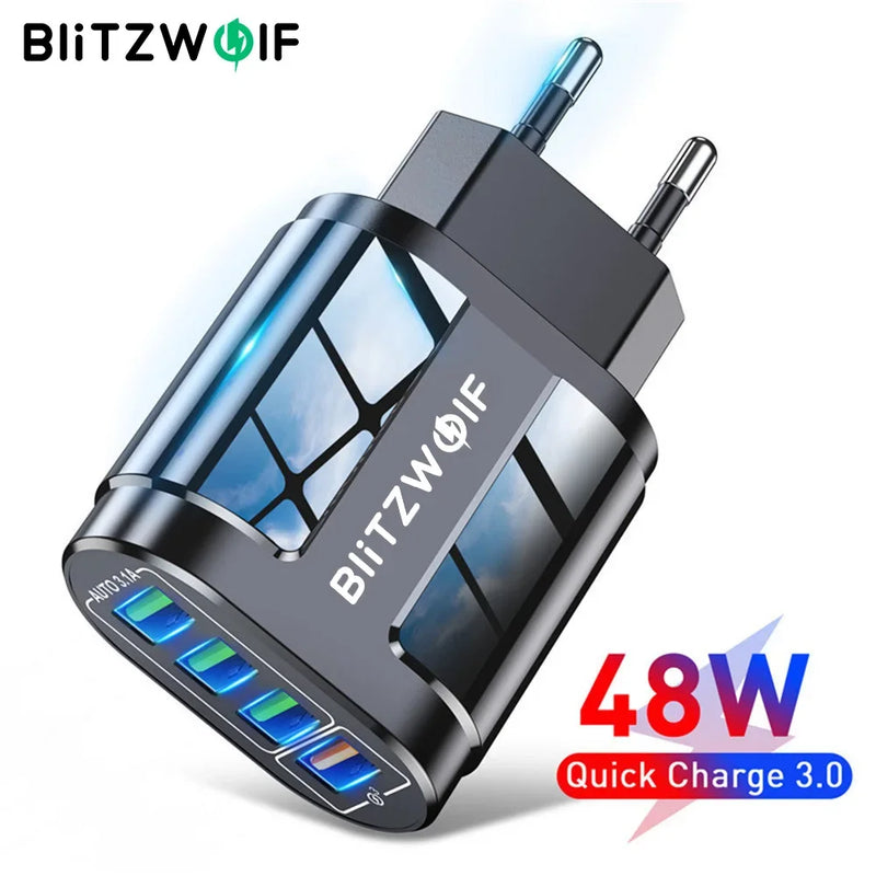 BlitzWolf BK-385 48W 4 USB Ports QC 3.0 Fast Charger Wall Travel Charging EU Plug Adapter For 14 14 Plus 14 Pro for Mobile Phone