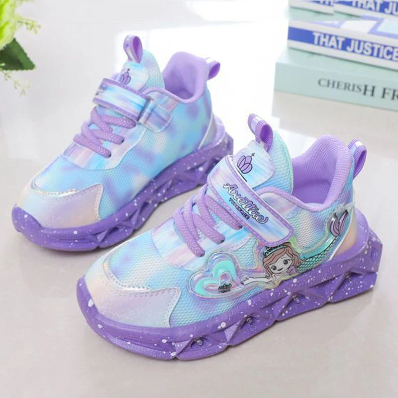 Children's Sports Shoes with Lights Cute Cartoon Mermaid Girls Sneakers Led Luminous Light Running Shoes Leather Toddler Shoes