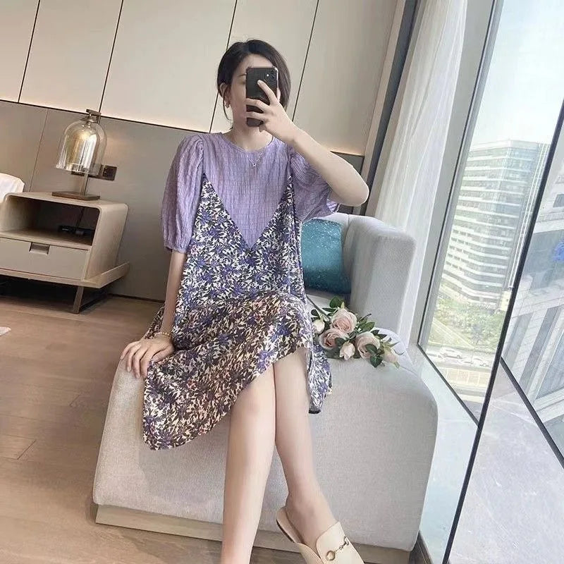 Pregnant Women's Summer Dress Medium Length Loose Fit Large Size Reduced Age Floral Chiffon Splicing Fake Two-piece Trend Skirt