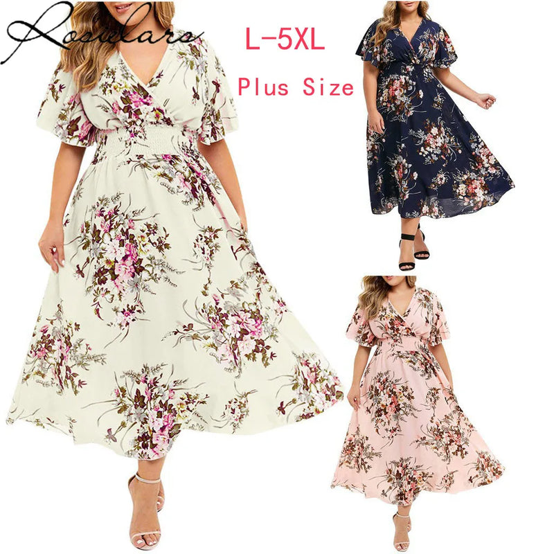 Fashion Plus Size 3XL 4XL 5XL Women Dress Floral Chiffon Flower Dress Bohemian Beach Summer Dresses Urban Gypsy Ropa Vestidos