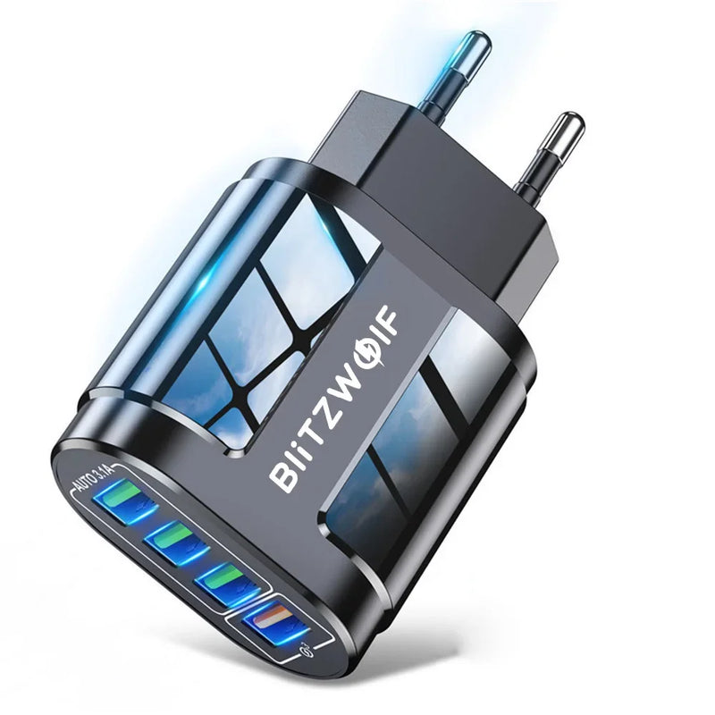 BlitzWolf BK-385 48W 4 USB Ports QC 3.0 Fast Charger Wall Travel Charging EU Plug Adapter For 14 14 Plus 14 Pro for Mobile Phone