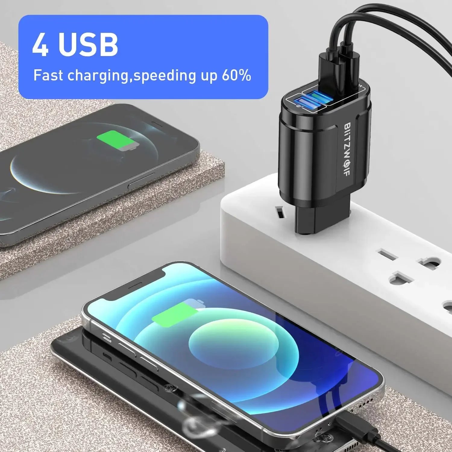 BlitzWolf BK-385 48W 4 portas USB QC 3.0 Carregador rápido de parede para viagem Adaptador de plugue UE para 14 14 Plus 14 Pro para telefone celular