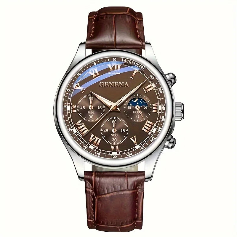 GENEVA High Quality Men's Luxury Belt Fashion Quartz Watch Men Round Business Student Sport Waterproof Glow Clock