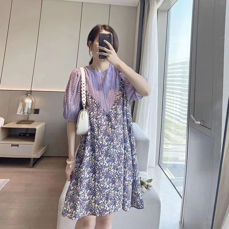 Pregnant Women's Summer Dress Medium Length Loose Fit Large Size Reduced Age Floral Chiffon Splicing Fake Two-piece Trend Skirt