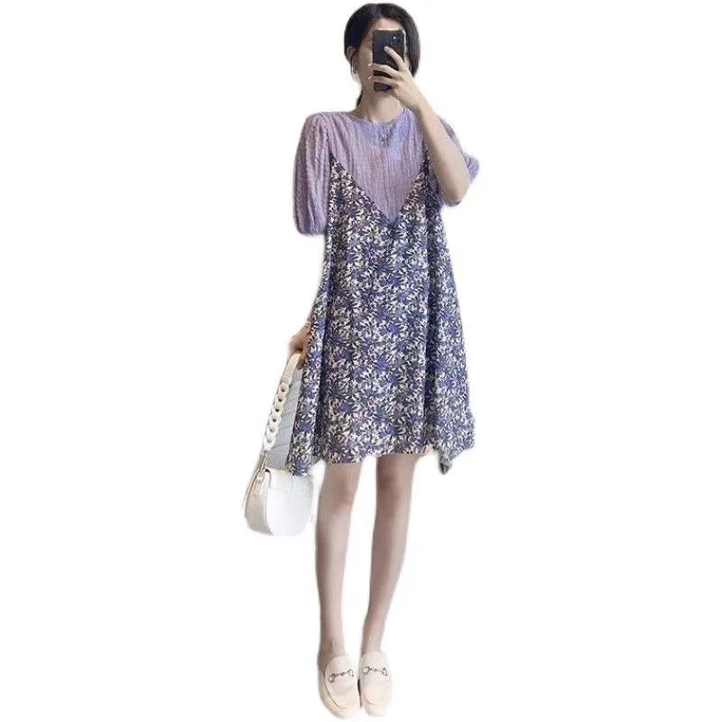 Pregnant Women's Summer Dress Medium Length Loose Fit Large Size Reduced Age Floral Chiffon Splicing Fake Two-piece Trend Skirt