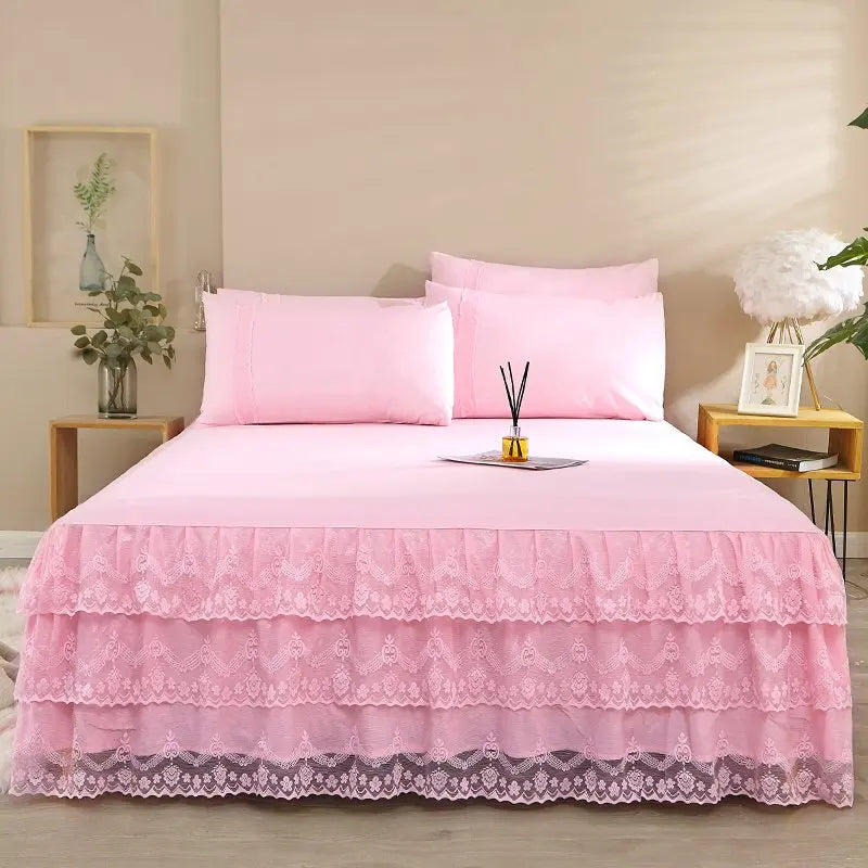 3 Pcs Layer Solid Color Lace Bed Skirt Set Simple Bean Paste Color Bedroom Dust Proof Bedspread Comfortable Bedding for Gifts