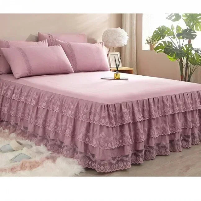 3 Pcs Layer Solid Color Lace Bed Skirt Set Simple Bean Paste Color Bedroom Dust Proof Bedspread Comfortable Bedding for Gifts