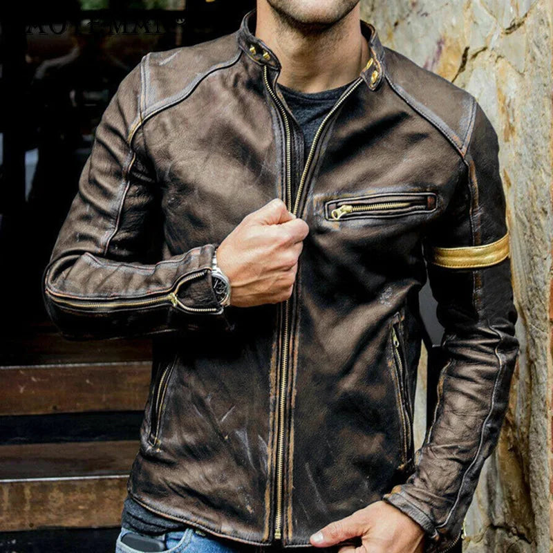 Jacket Men's Fashion Faux Leather Stand Punk Motorcycle Jacket Autumn Winter Casual Long Sleeve Zipper Stitching Jacket 2022 New