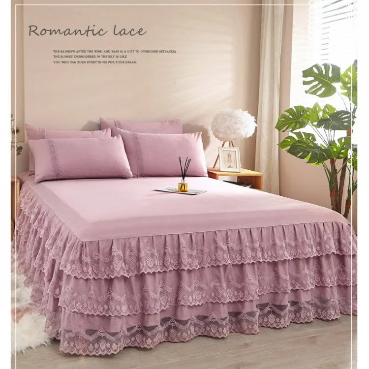 3 Pcs Layer Solid Color Lace Bed Skirt Set Simple Bean Paste Color Bedroom Dust Proof Bedspread Comfortable Bedding for Gifts