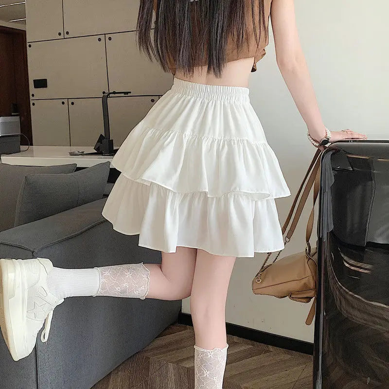 Ruffled Cake Skirts for Women High-waisted A-line Solid All-match Sweet Lovely Girls Korean Style Gentle Spring Kawaii Casual