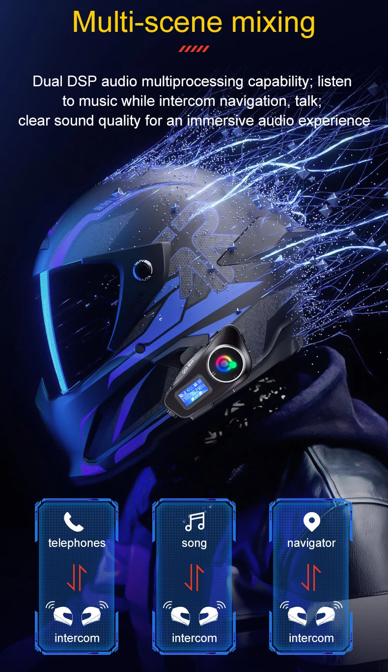 Q58 Max Motorcycle Helmet Bluetooth Intercom IP65 Waterproof Intercom Distance 500 Meters Multi-Scene Mixed Music Sharing